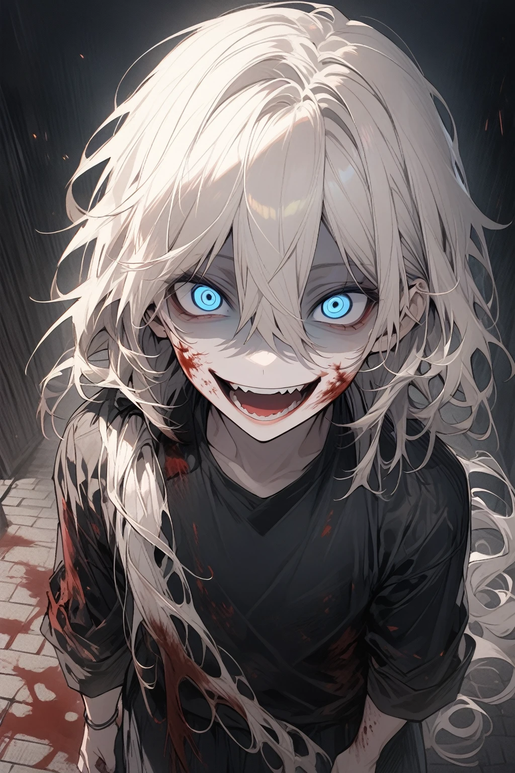 1 guy, blue eyes, white hair, long hair disheveled, hair gathered in a low ponytail, male build, looks at the viewer, crazy eyes, crazy smile, dressed in a black shirt, black trousers, stands, night on the street, stars, blood on clothes, blood on the cheek, looks at the viewer from above down, shaded face, flowing hair, detailed, beautiful, delicate tones