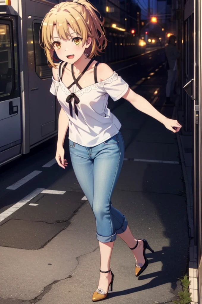 Irohaisshiki, isshiki iroha, Short Hair, Brown Hair, (Brown eyes:1.5), blush,ponytail,
happy smile, smile, Open your mouth,Cold Shoulder Shirt,Short sleeve skinny jeans,Stiletto heels,Daytime,Clear skies,Walking,So that the whole body goes into the illustration,
break outdoors, Building district,
break looking at viewer,
break (masterpiece:1.2), Highest quality, High resolution, unity 8k wallpaper, (figure:0.8), (Beautiful attention to detail:1.6), Highly detailed face, Perfect lighting, Highly detailed CG, (Perfect hands, Perfect Anatomy),