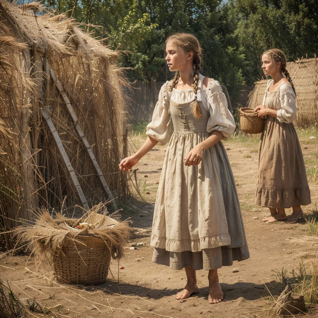 A Russian Girl Is A Serf Peasant, A Poor Girl , Barefoot , In A Torn Peasant Shirt , A Patched Sundress Dirty , Sweaty Hair In One Braid, Tanned , With Weathered Skin, Sweat Flows , Summer, Hot,Works In A Corvee , Hyperrealism A Lot Of Details, Clarity And Realism, Without Extra Limbs And Fingers