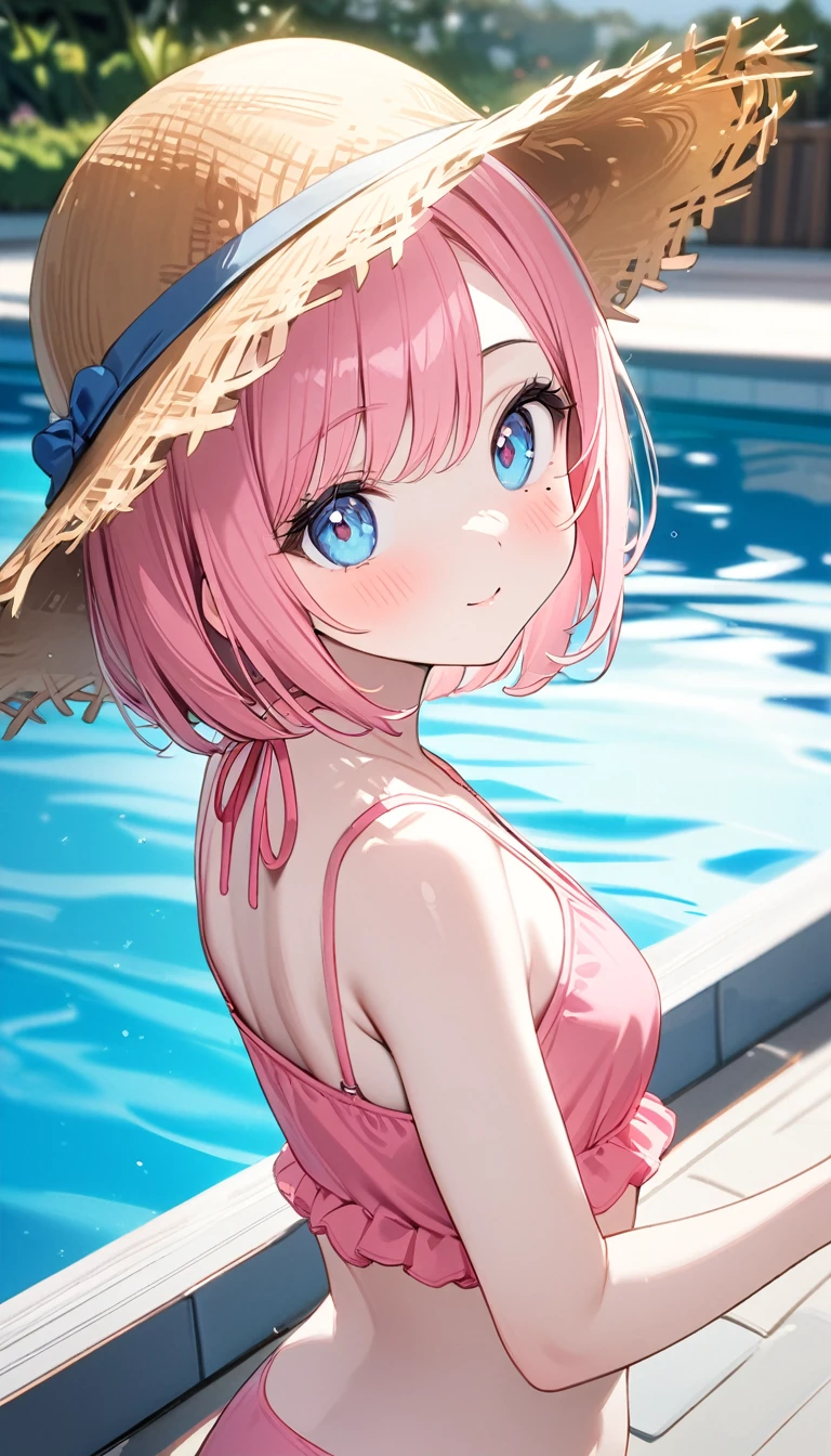 cute、、blue eyes、bikini、White panties、Beach、Leaning forward、Lie down on the sandy beach,Short Hair、Pink Hair、Small breasts、Glasses、赤渕Glasses