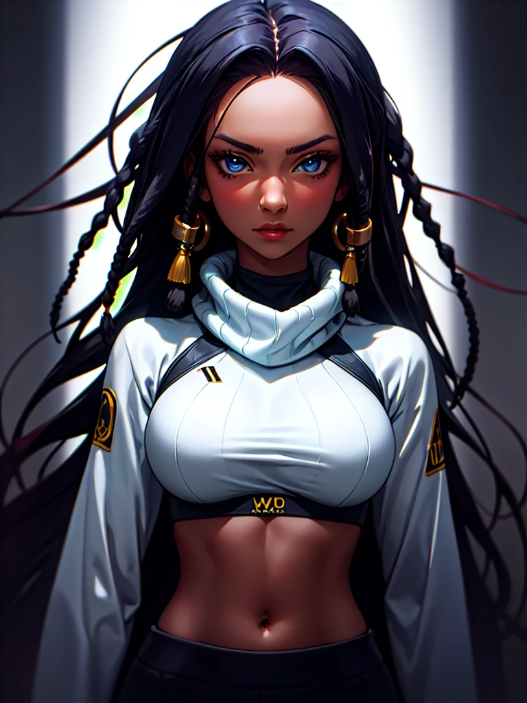 ((Portrait Photo)), She has an Athletic and Slender Appearance, with a Strong Build, Dark Skin and Relaxed Aura. She Expresses a Calm and Indifferent Look, Giving Off a Composed and Unfazed Attitude. She has Deep Blue Eyes, and Her Hair is Long and Black, with Dreadlocks Falling Over Her Forehead. She Wears an Oversized, Long-Sleeved Cropped Underbust Sweatshirt, Revealing Her Midriff, Accompanied by a Black Scarf. ((Portrait Photo, HDR, Dark Background))