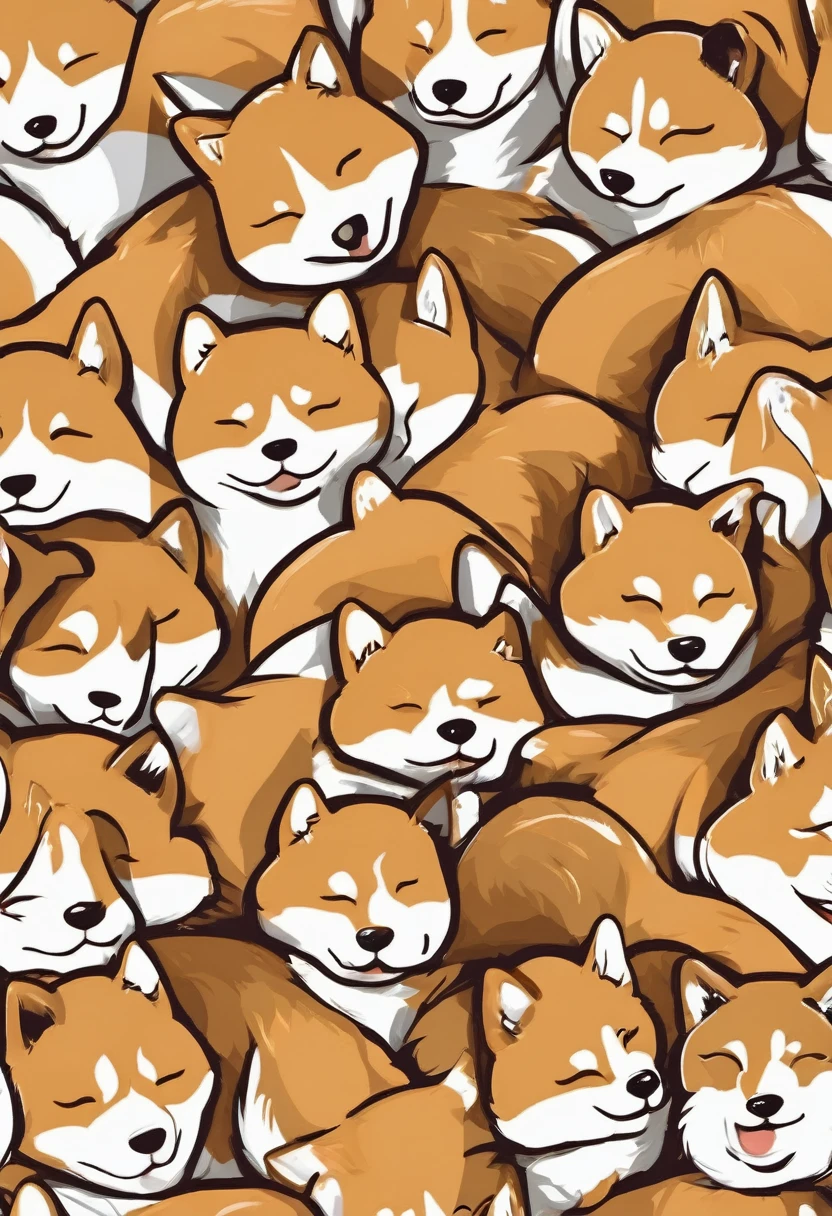 It is a cute puppy.
You are a professional creator.
Please create an image of a sleeping Shiba Inu puppy, with a focus on its tail.
The image should have very delicate quality with bold, carefree strokes and vibrant fur.
Include whiskers on its cheeks.
It should be a Japanese dog with a traditional Japanese-style design, dynamic, and furry.