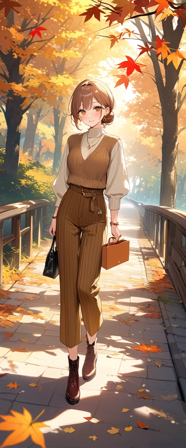 Highest quality、High resolution、Detailed Background、(Beautifully detailed face:1.4)、Beautiful women in their 20s、Highly detailed face、Cute Eye Makeup、Cute Lip Makeup、Light color hair、Cute hairstyle、
色づき始めたwood々The leaves are swaying slowly in the wind、
The sky is clear、The mountain ranges in the distance are clearly visible、
wood々The leaves that fell from the branches of、Gracefully descending to the ground、
The leaves gather together, swirl, and fly up、
Colorful fallen leaves are scattered along the road、
Every time I walk, it makes a rustling sound as it gets crushed.、
wood々The soft sunlight filtering through the branches gently illuminates the fallen leaves.、
In the light, small birds are busily flying around.、
Deep red or orange、yellow、It is recommended to incorporate autumn colors such as green.、
A wine red dress with a beige cardigan is a cute look.。
Pair your feet with brown short boots.、You can create an autumn look.、
It's a good idea to choose accessories that have an autumn feel.、
Necklace in gold and brown tones、Earrings、Suitable for bracelets etc.、
We recommend a tote bag、Choose muted colors such as maroon or khaki for an elegant look.、
Ribbed knit vest、Checkered Skirt、Materials such as corduroy pants also give off an autumn vibe.、
Combine deep colors and warm materials overall.、
Outerwear such as snoods are also essential for the changing seasons.、
A sophisticated fall look with attention to detail、very beautiful