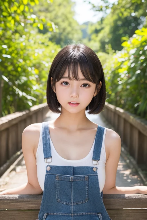 (1 Girl)、(Beautiful Japanese、10 years old,Round face、refresh、clear、Seems kind、stylish、Pathetic、cute like an angel、cute、Iris、,actress,Almond-shaped eyes), Good style , (Beautiful big boobs:1.0),(Soft Breasts),(very cute),(Black Hair),(Short Bob Hair),(Captivating eyes),(Eye highlights:1.2)、(8K、Live Shooting、Highest quality、masterpiece:1.2、Optimal Lighting)、((masterpiece)),(Photos taken by a professional photographer),(Genuine、photo Genuine:1.4),break,{ (Sleeveless top and overalls),(((Healthy breast flash))),(Primary school students),(( barefoot)),(Cleavage:0.7)},(Crying Jaw:1.3),(tears:1.2),(Red cheeks:1.2), Face shot:1.3、summer、View your viewers, Face close-up,From below,(Close your eyes)