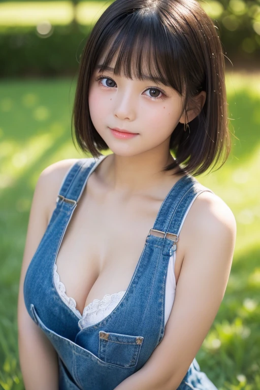 (1 Girl)、(Beautiful Japanese、,Round face、refresh、clear、Seems kind、stylish、Pathetic、cute like an angel、cute、Iris、,actress,Almond-shaped eyes), Good style , (Beautiful big boobs:1.0),(Soft Breasts),(very cute),(Black Hair),(Short Bob Hair),(Captivating eyes),(Eye highlights:1.2)、(8K、Live Shooting、Highest quality、masterpiece:1.2、Optimal Lighting)、((masterpiece)),(Photos taken by a professional photographer),(Genuine、photo Genuine:1.4),break,{ (Sleeveless top and overalls),(((Healthy breast flash))),(Primary schot)),(Cleavage:0.7)},(Crying Jaw:1.3),(tears:1.2),(Red cheeks:1.2), Face shot:1.3、summer、View your viewers, Face close-up,From below,(Close your eyes)