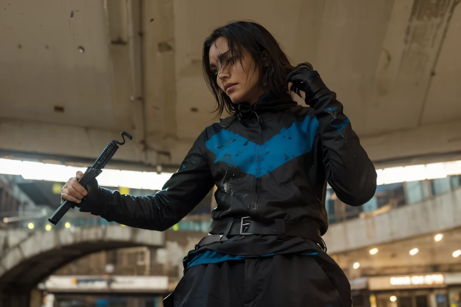 (Best quality, 8k, 32k, Masterpiece, UHD:1.2), "Transform the scene into the gritty, crime-ridden streets of Blüdhaven from DC Comics. Picture a dark, urban landscape with narrow, winding streets illuminated by flickering, dim streetlights. The buildings are tall and imposing, their facades covered in grime and graffiti, reflecting the city's rough and neglected state.
The ground is wet from recent rain, with puddles reflecting the sparse light, creating an eerie and foreboding atmosphere. Trash and debris are scattered along the sidewalks, adding to the sense of decay and abandonment. In the background, you can see the silhouettes of old warehouses and industrial buildings, emphasizing the city's gritty character.
The streets are empty, devoid of any people, heightening the sense of isolation and danger. The distant sounds of sirens and the occasional rumble of a passing train add to the ambiance, capturing the essence of a city struggling under the weight of crime and corruption. This setting should evoke a sense of unease and tension, perfectly capturing the dark and unforgiving nature of Blüdhaven."