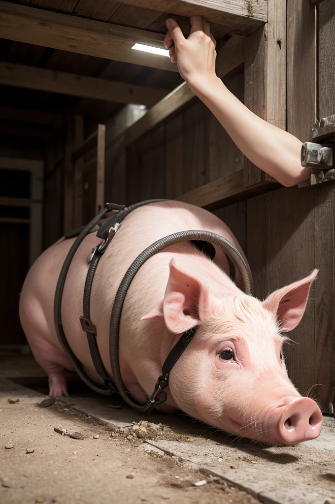 A pig being immobilized for slaughter