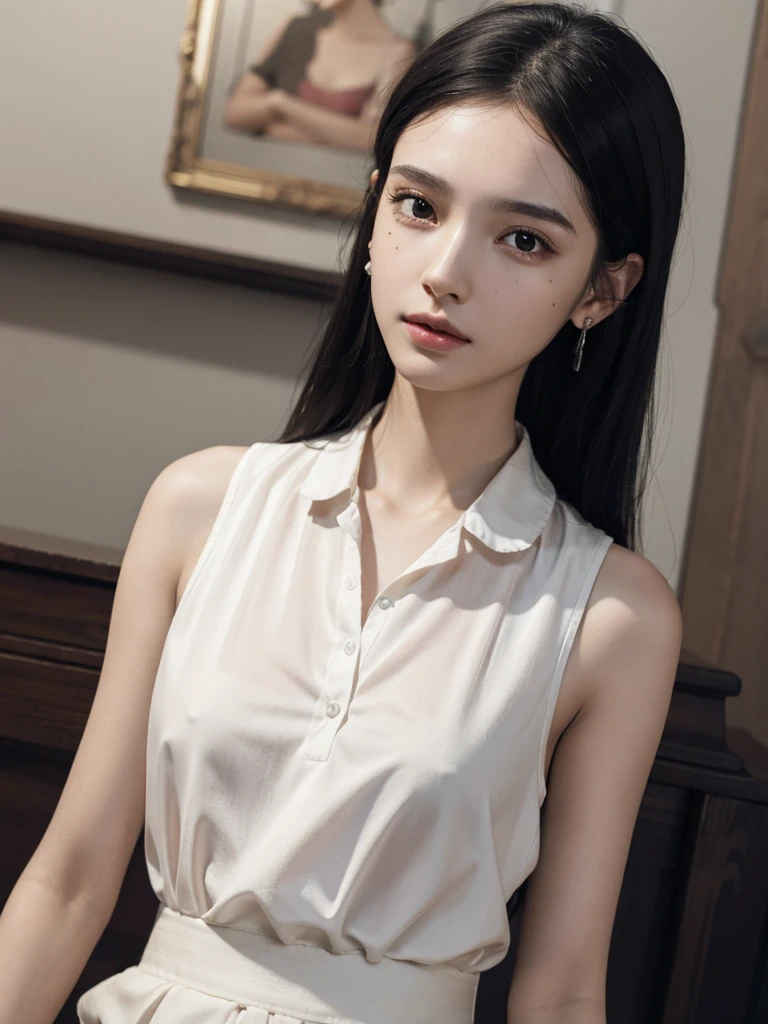 absurdres, RAW photo, extremely delicate and beautiful, masterpiece, Best Quality, ultra high resolution, 32k, hyperrealistic, ultra-detailed, perfect figure, in her 20s, very small head, very small face, delicate facial features, tearful mole, earring, big breasts, (((full body shot))), medium hair, black hair, sleeveless collared shirt, shorts,