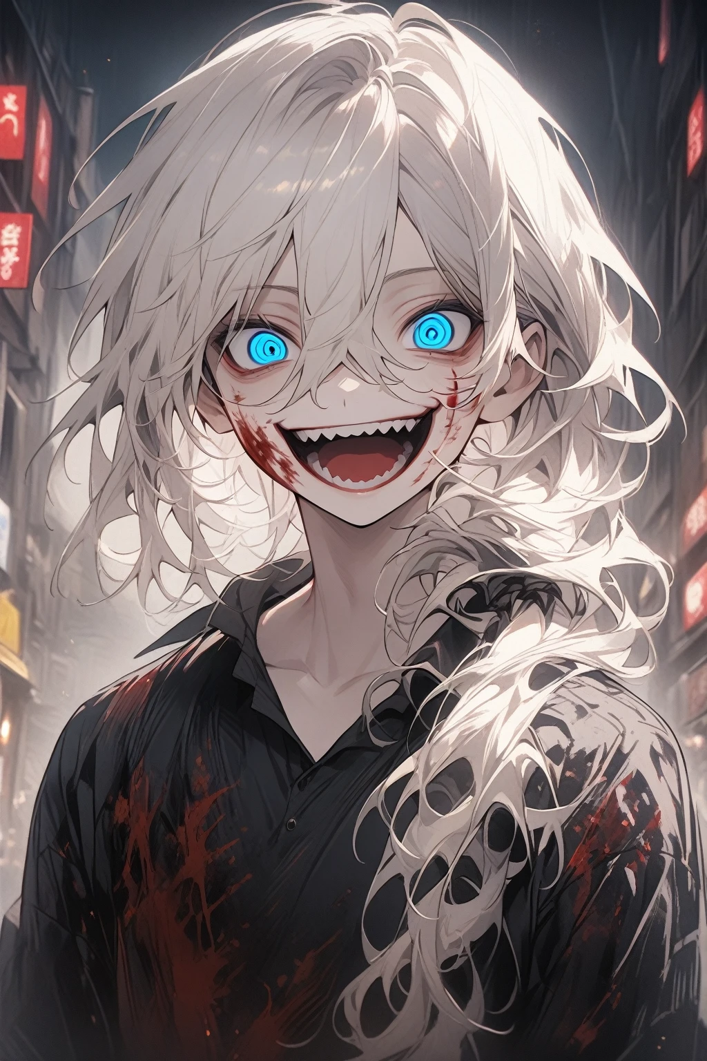 1 guy, blue eyes, white hair, long hair disheveled, hair gathered in a low ponytail, male build, looks at the viewer, crazy eyes, crazy smile, dressed in a black shirt, black trousers, stands, night on the street, stars, blood on clothes, blood on the cheek, shadowed face, fluttering hair, detailed, beautiful, delicate tones