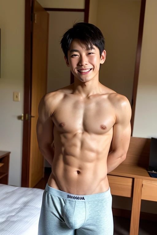 A Japanese boy rolls up his clothes to reveal his stomach and pectoral muscles、Anatomically correct、 boy、Smiling in a friendly manner、Relaxed atmosphere、The whole body is visible、With his underdeveloped body, he has his hands on his back, looking cool.、Flashy and cool boxer briefs