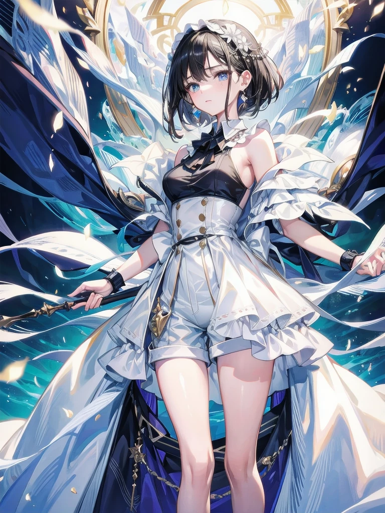 absurdres, RAW photo, extremely delicate and beautiful, masterpiece, Best Quality, ultra high resolution, 32k, hyperrealistic, ultra-detailed, perfect figure, in her 20s, very small head, very small face, delicate facial features, tearful mole, earring, big breasts, full body shot, medium hair, black hair, sleeveless collared shirt, shorts,