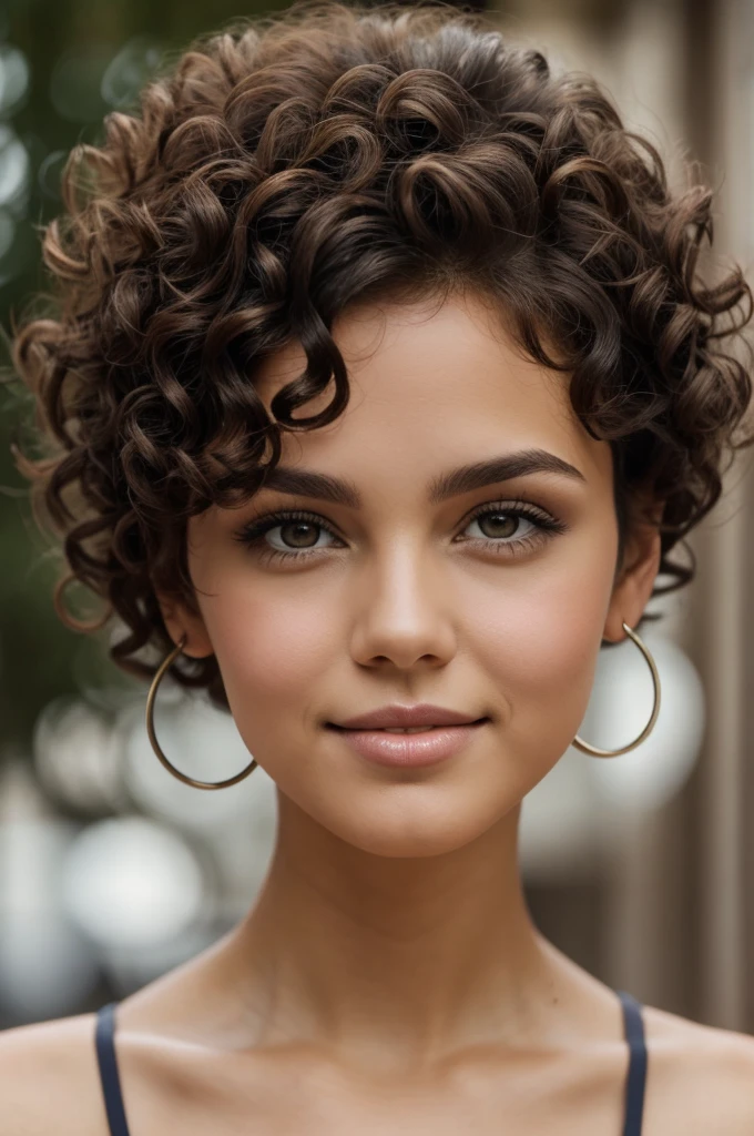Brunette short curly hair brown color, moons in the mouth slanted eyes