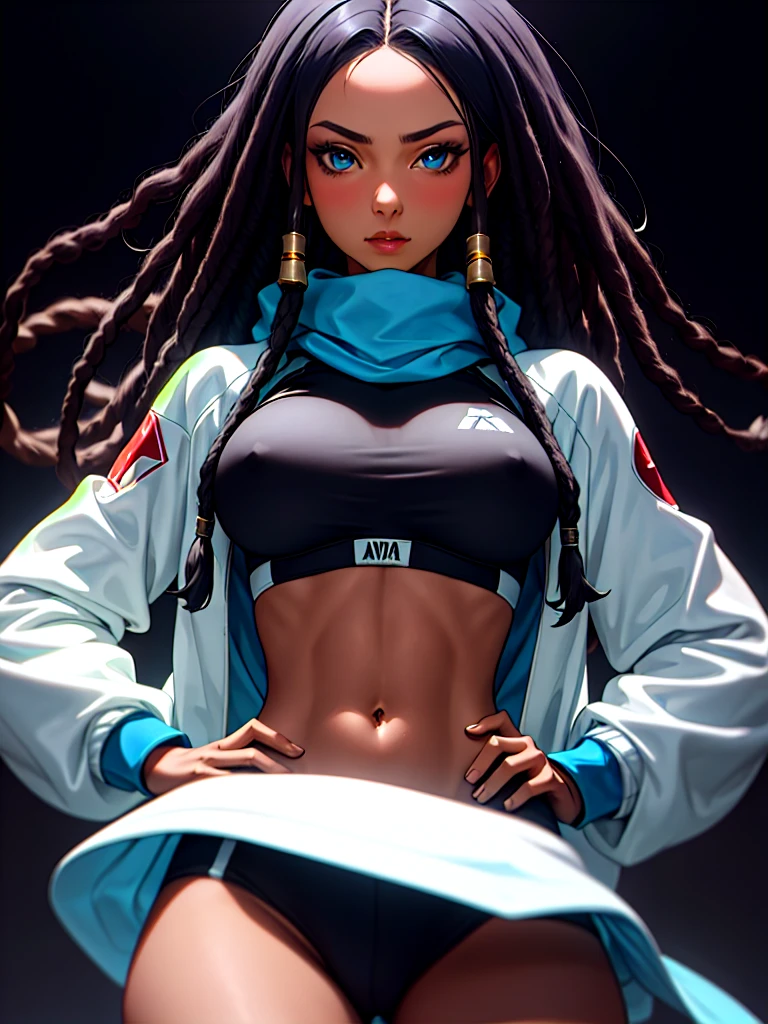 ((Portrait Photo)), She has an Athletic and Slender Appearance, with a Strong Build, Dark Skin and Relaxed Aura. She Expresses a Calm and Indifferent Look, Giving Off a Composed and Unfazed Attitude. She has Deep Blue Eyes, and Her Hair is Long and Black, with Dreadlocks Falling Over Her Forehead. She Wears an Oversized, Long-Sleeved Cropped Underbust Sports Jacket, Revealing Her Midriff, Accompanied by a Black Scarf. ((Portrait Photo, HDR, Dark Background))