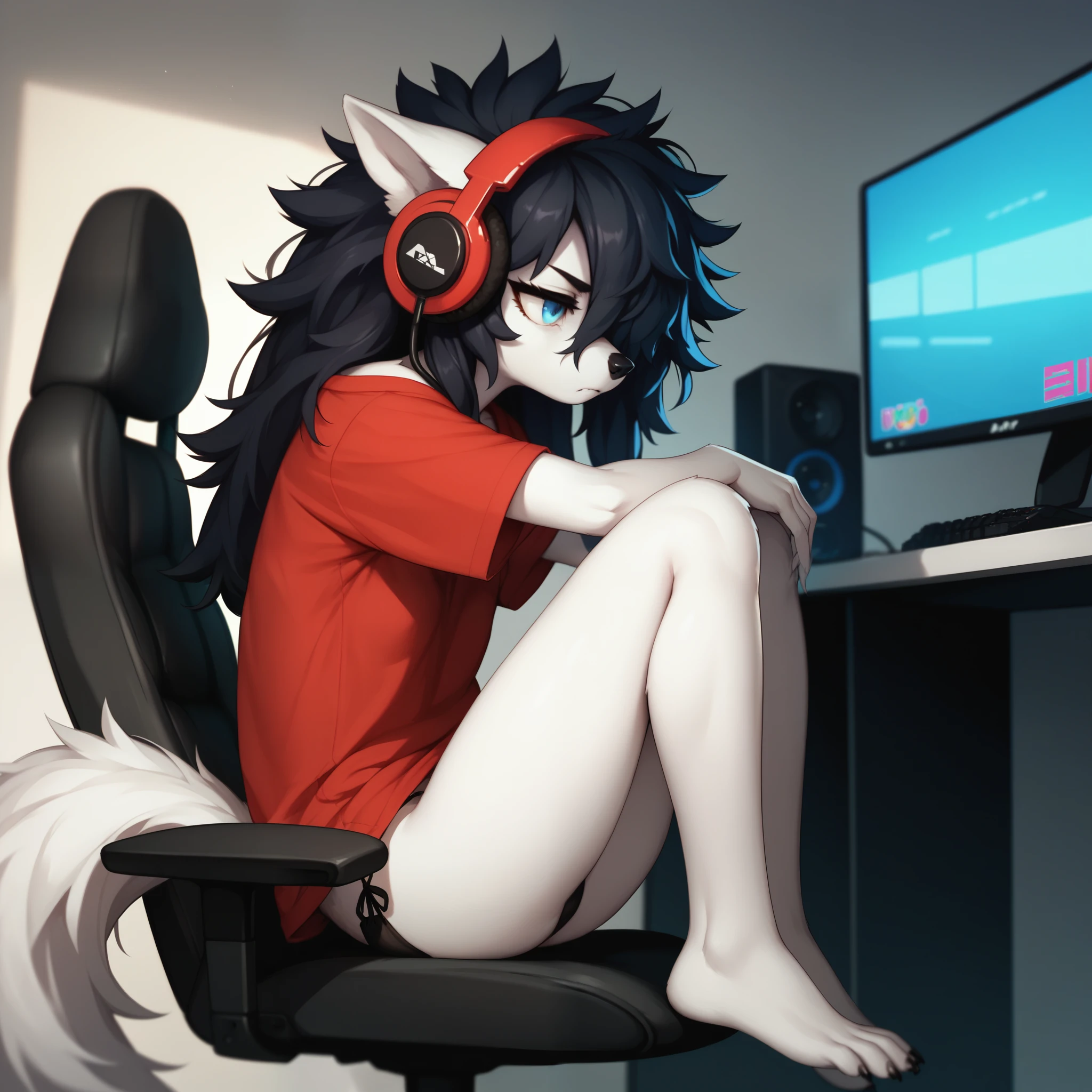 score_9,score_8_up,score_7_up, sierra, a young nerdy Anthro furry wolf woman, white furry body, tall, awkward, long black messy hair, hair covering one eye, long black hair, blue eyes, small breasts, white wolf tail, wearing oversized red shirt, black panties, barefoot, sitting on a gamer chair, playing on a gaming pc, looking at computer monitor, wearing gaming headphones, looking bored, eyes half open, hands on a keyboard and mouse, side view