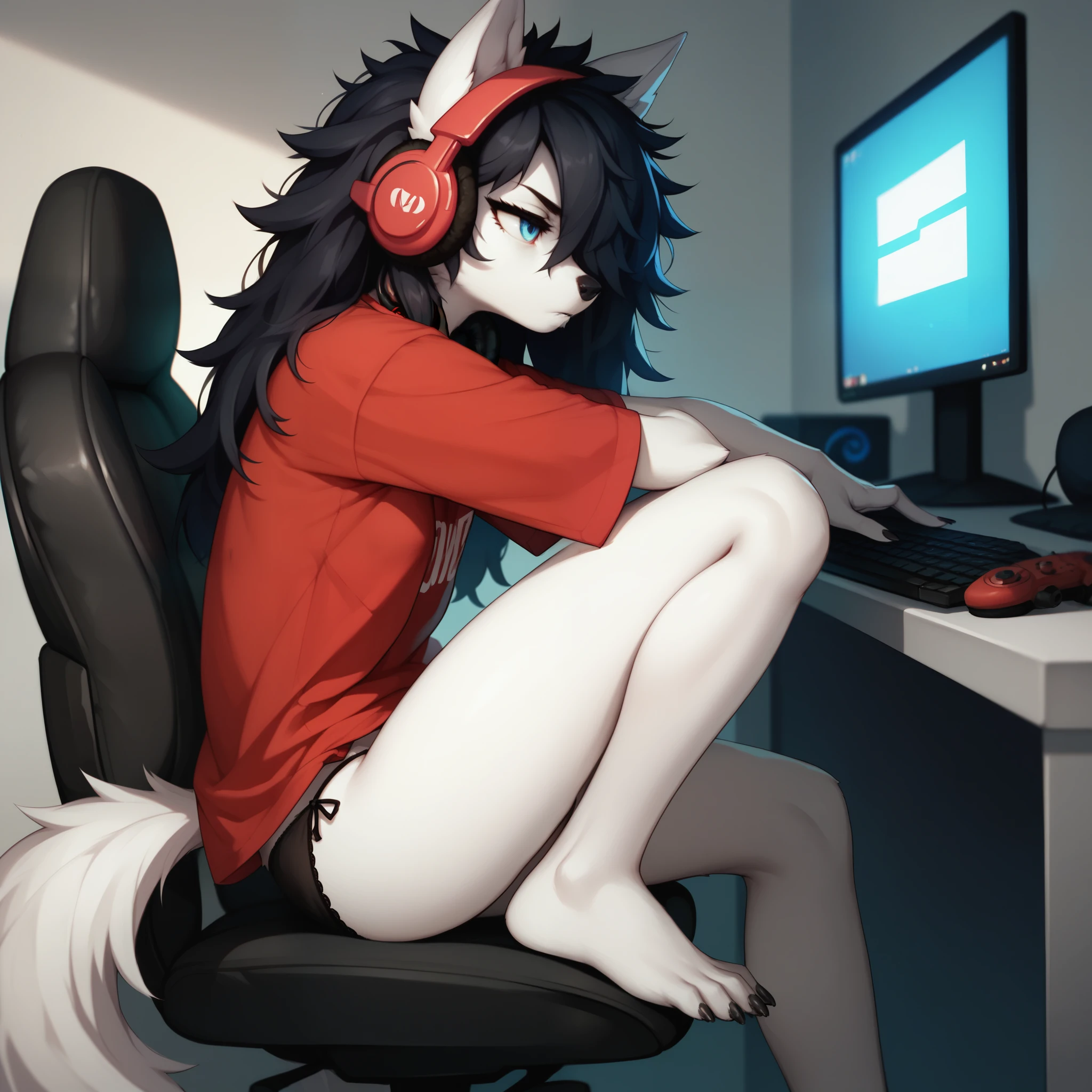 score_9,score_8_up,score_7_up, sierra, a young nerdy Anthro furry wolf woman, white furry body, tall, awkward, long black messy hair, hair covering one eye, long black hair, blue eyes, small breasts, white wolf tail, wearing oversized red shirt, black panties, barefoot, sitting on a gamer chair, playing on a gaming pc, looking at computer monitor, wearing gaming headphones, looking bored, eyes half open, hands on a keyboard and mouse, side view