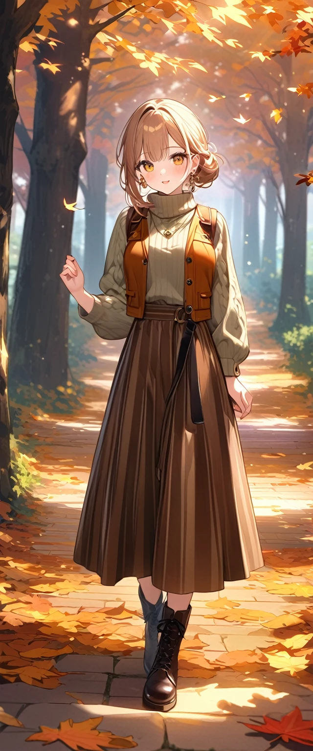 Highest quality、High resolution、Detailed Background、(Beautifully detailed face:1.4)、Beautiful women in their 20s、Highly detailed face、Cute Eye Makeup、Cute Lip Makeup、Light color hair、Cute hairstyle、
色づき始めたwood々The leaves are swaying slowly in the wind、
The sky is clear、The mountain ranges in the distance are clearly visible、
wood々The leaves that fell from the branches of、Gracefully descending to the ground、
The leaves gather together, swirl, and fly up、
Colorful fallen leaves are scattered along the road、
Every time I walk, it makes a rustling sound as it gets crushed.、
wood々The soft sunlight filtering through the branches gently illuminates the fallen leaves.、
In the light, small birds are busily flying around.、
Deep red or orange、yellow、It is recommended to incorporate autumn colors such as green.、
Pair your feet with brown short boots.、You can create an autumn look.、
It's a good idea to choose accessories that have an autumn feel.、
Necklace in gold and brown tones、Earrings、Suitable for bracelets etc.、
Ribbed knit vest、Checkered Skirt、Materials such as corduroy pants also give off an autumn vibe.、
Combine deep colors and warm materials overall.、
Outerwear such as snoods are also essential for the changing seasons.、
A sophisticated fall look with attention to detail、very beautiful