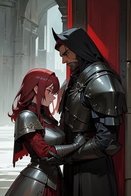 ((Best Quality)), ((Masterpiece)), (detailed), two medieval warriors, man and woman, with black armor and red details, in a dark and rainy environment