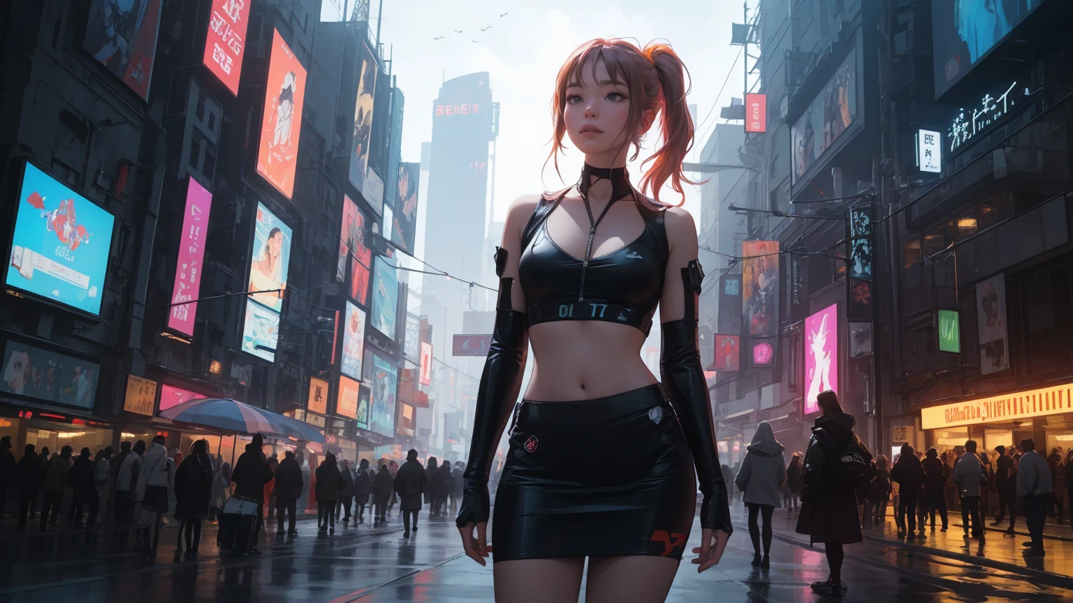 8k, masterpiece, best quality, realistic, higly detailed, cowboy shot, 1girl, solo, miku, emotionless looking girl, medium-length red hair, strands of hair hanging over the right side of her face, a set of wireless headphones that have a triangle-shaped logo on the ear cups around her neck, dark blue eyes, average height, well-endowed figure, large breasts, bangs cover her right eye, Cyberpunk