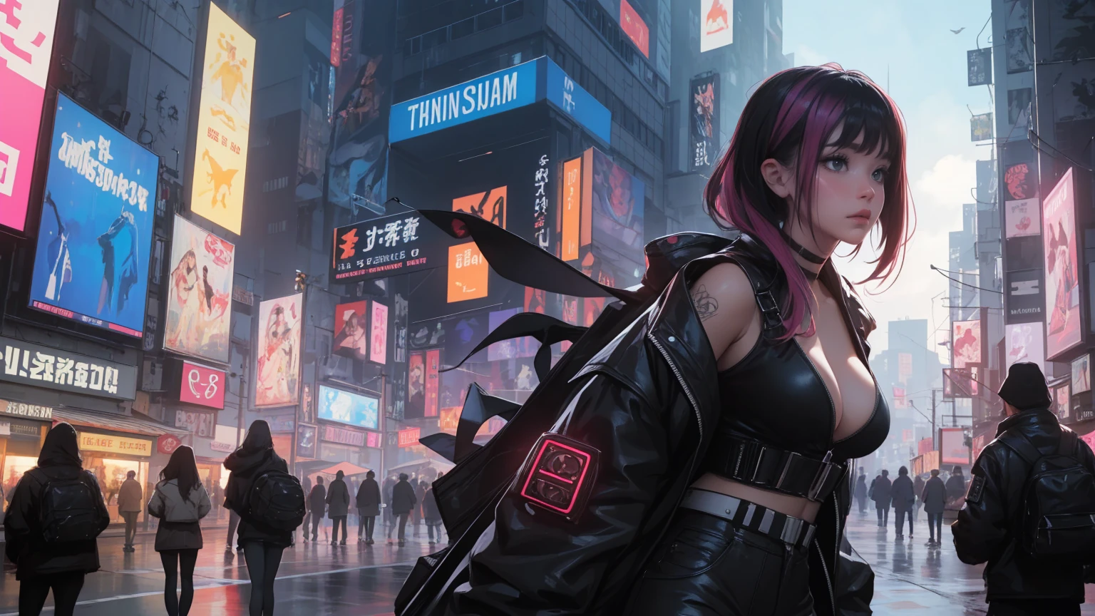 Rainbow style, cyberpunk women&#39;Technical clothing，ssmile， Uniforms,Racing clothing，Wear a coat，Long gray hair，red hair clothes，（（White gelcoat））， white technical clothing, Yellow and black safety tape, Simon Beasley-Stil, industrial environment, Cables and pipes, Ventilation ducts, ((( orange chrome ))), perfect body figure, Spacious size , (Darryl Hannah), Rainbow style, very sexy,，Muscle group，Gelcoat，orange colors，Fantastic world，Klare&#39;s Design，Instagram stores personal data about you, when you visit this site.，Art stations，Colorful splashes of paint，Contours，Unreal Engine，Like a dream，Intricate detailing，Boat picture，Complementary colors，fantasy concept art，8K-Auflösung，Perverted&#39;masterpiece，Oil painting，hit，Rainbow Skins，((black)),, (((Dressed in modern clothes))), Girls, with long, flowing silver hair, piercing blue eyes, and pointed ears. Her attire should be a blend of dark, sleek armor and mystical elements, adorned with intricate designs and glowing runes. She is in a dynamic, action-oriented pose, holding dual daggers with an ethereal glow. The background should be a dark, mystical forest or an ancient, ruined temple, with a moonlit sky casting an eerie glow. The overall style should reflect the detailed, fantasy-rich art of Lineage 2, with vibrant colors, dramatic lighting, and a sense of magical realism.、permission 8k、complex parts、Toned waist、Wide buttocks、Эффект Тиндаллаmasuter piece、top quality、Highest standards、Highest image quality、table、complex parts、A high resolution、depth of field、natural soft light、professional lighting、about, standing, very long hair, cowboy shot, brilliant, brilliant hair, (night:1.2),Dreamy, [[gentle fingers and hands:0.55]::0.85],(detailed fingers),),(emotional),(breathtaking),(main part:1.2) whole body.), (Anime Style), (Super Detailed), (brutal), (uhd, HDR), (8K), (High Resolution: 1.2), (Complex and Beautiful: 1.2)