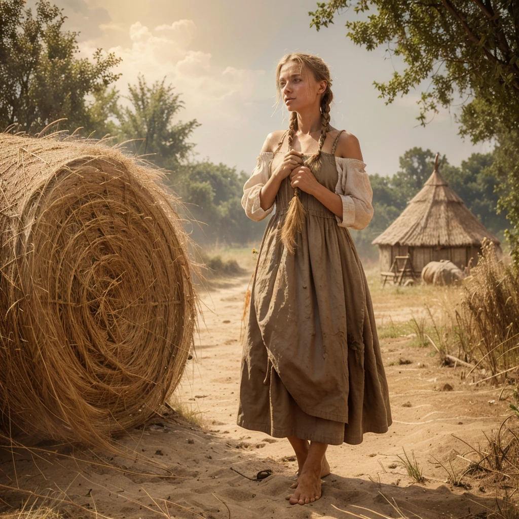 A Russian Girl Is A Serf Peasant, A Poor Girl , Barefoot , In A Torn Peasant Shirt , A Patched Sundress Dirty , Sweaty Hair In One Braid, Tanned , With Weathered Skin, Sweat Flows , Summer, Hot,Works In A Corvee , Hyperrealism A Lot Of Details, Clarity And Realism, Without Extra Limbs And Fingers