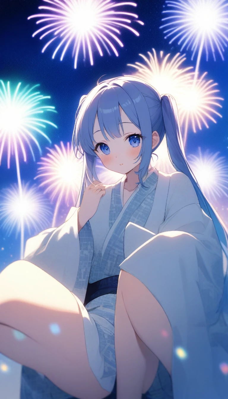 海岸で座って寝そべってfireworkを見ている黒髪少女、Pigtails、Sitting with legs crossed、summer、日本のsummerらしい淡いブルーマリン色の浴衣、A pale purple and pale white Japanese-style check pattern、Pale blue band、Night Sky、firework、Starry Sky、