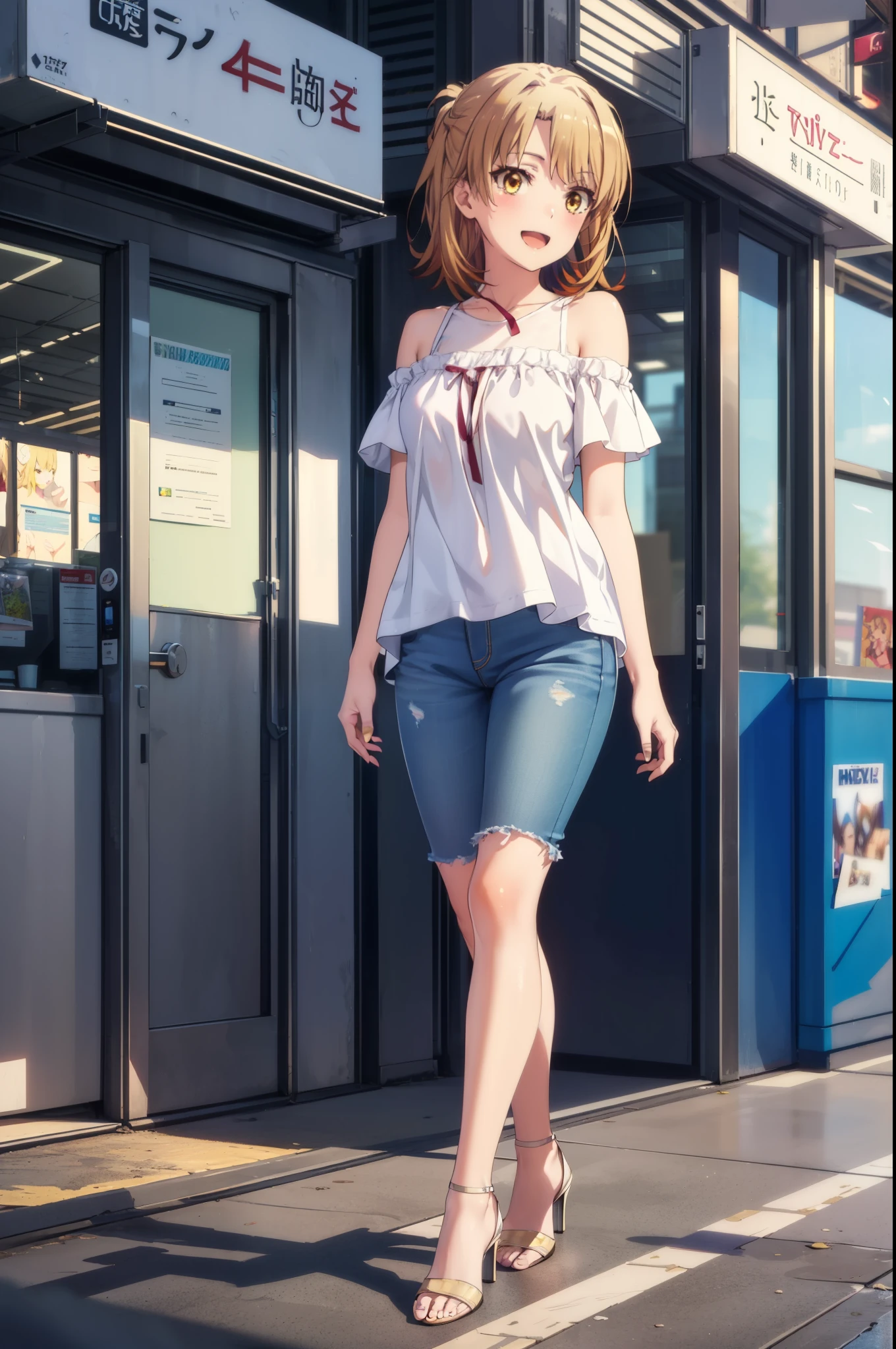 Irohaisshiki, isshiki iroha, Short Hair, Brown Hair, (Brown eyes:1.5), blush,ponytail,
happy smile, smile, Open your mouth,Cold Shoulder Shirt,Short sleeve skinny jeans,Stiletto heels,Daytime,Clear skies,Walking,So that the whole body goes into the illustration,
break outdoors, Building district,
break looking at viewer,
break (masterpiece:1.2), Highest quality, High resolution, unity 8k wallpaper, (figure:0.8), (Beautiful attention to detail:1.6), Highly detailed face, Perfect lighting, Highly detailed CG, (Perfect hands, Perfect Anatomy),