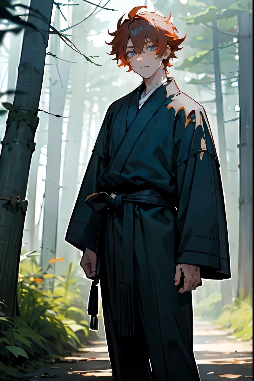 1male , Sanguine Orange Messy Hair , Blackish Blue Eyes , Black Yukata , Light Blue Haori , Somber Expression , Forest Background , Standing On Path , Adult Male , Perfect Generation