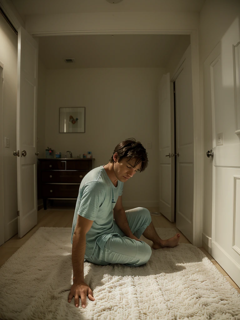 "A cartoon character of a man who needs to wake up early in the morning. He looks extremely tired and is struggling to get out of bed. The man is in his pajamas, crawling on the floor towards the bathroom. The room is dimly lit with an alarm clock on the bedside table showing an early morning hour. The bathroom door is slightly open, with light coming from inside, indicating he is heading there to freshen up.