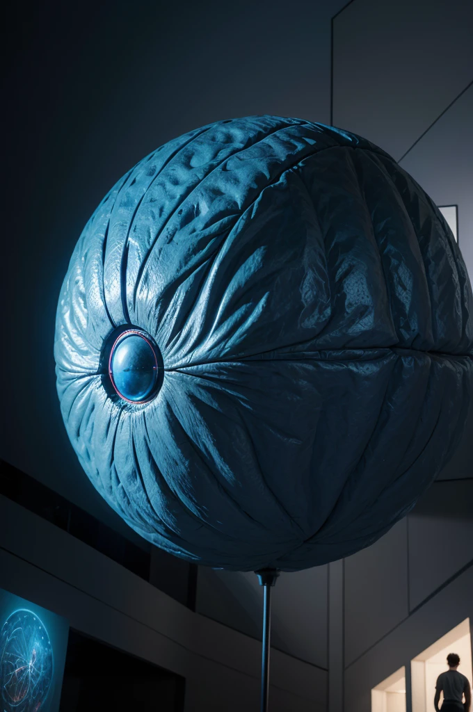 Smart museum with several illustrations and a giant brain as the main attraction (ultra realistic, detailed, detailed colors, dramatic feeling, feeling of seriousness, blue light) make the place all dark, with low lighting