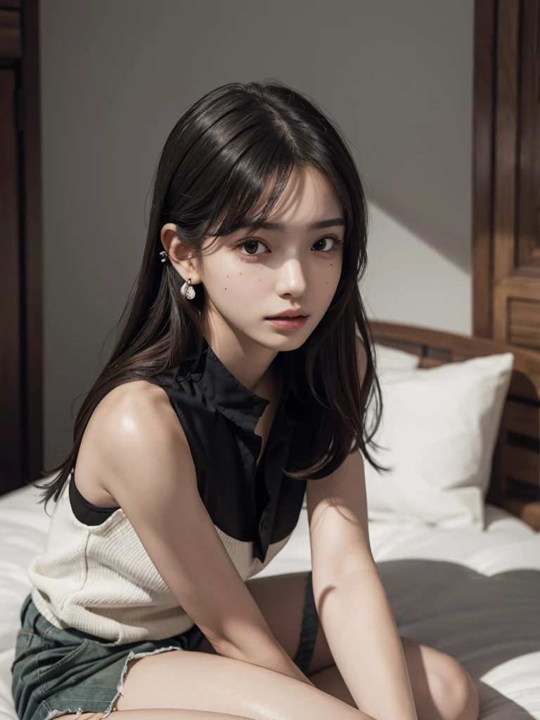 absurdres, RAW photo, extremely delicate and beautiful, masterpiece, Best Quality, ultra high resolution, 32k, hyperrealistic, ultra-detailed, perfect figure, Perfect Style, Perfect balance, in her 20s, very small head, very small face, delicate facial features, tearful mole, earring, ((very huge breasts)), ((full body shot)), bare legs, medium hair, black hair, ((sports uniform)),