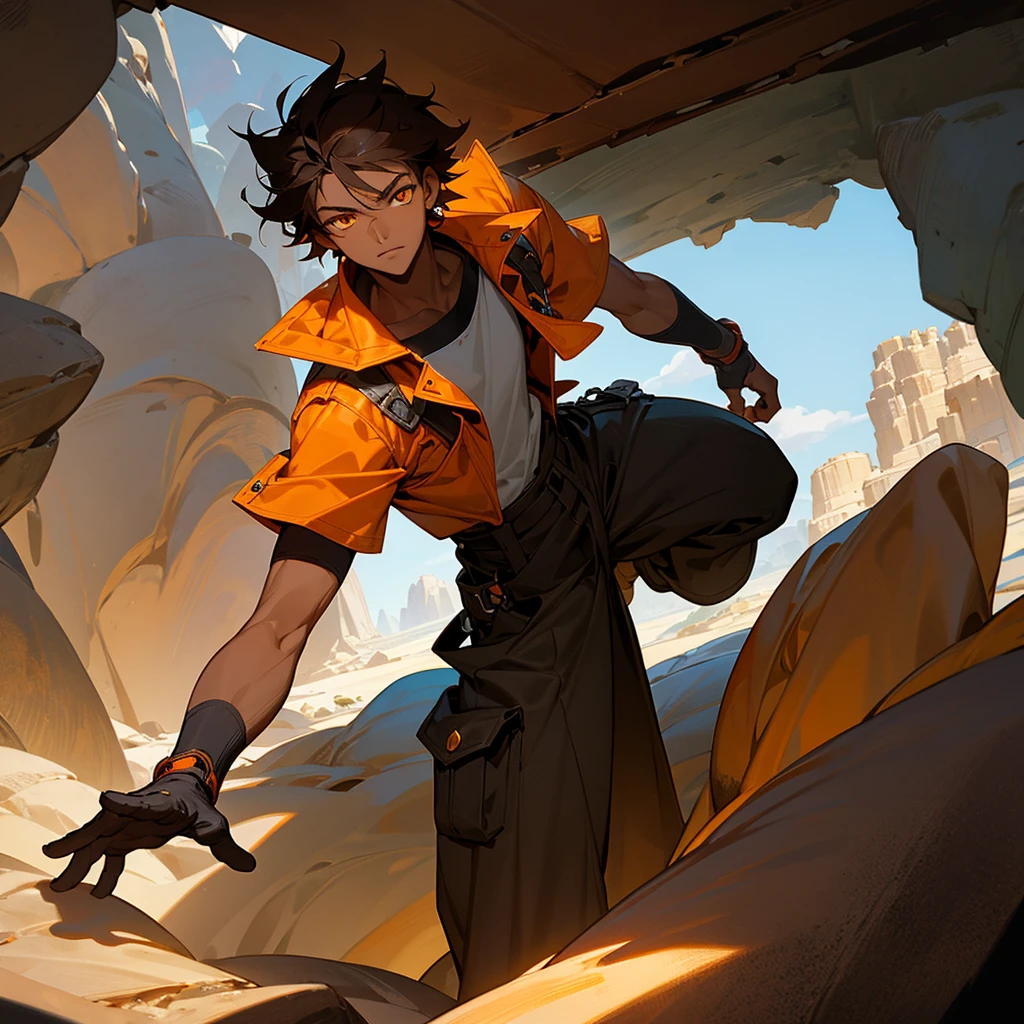 creates a 17 year old young man, dark skin color, orange eye color, dark hair color, mechanic clothing, cave landscape, that reads a mechanical key in his hand