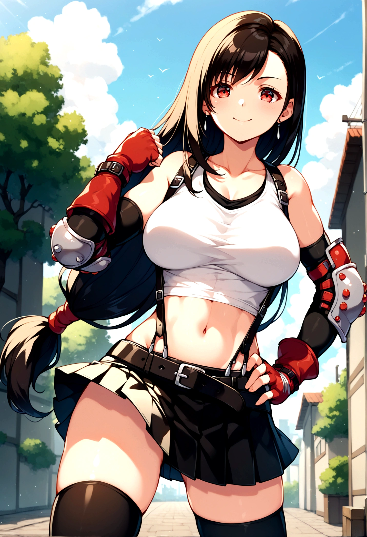score_9, score_8_up, score_7_up,score_6, score_5,BREAK , ,from front,front view,front angle,pov,straight-on,,standing,contrapost, ,,straight-on,Solo ,1girl, tifa lockhart, final fantasy, tareme,black hair, low-tied long hair, red eyes, bangs, (white tank top, belt, pleated skirt, thighhighs, elbow fingerless gloves, elbow pads, midriff, navel,suspender skirt) ,(large_breast),(light smile),fist,hand on own hip,daytime,outdoor,(ultra detailed),(best quality),(aesthetic,very aesthetic),UHD,extremely detailed CG unity 8k wallpaper,anime,depth of field,,,