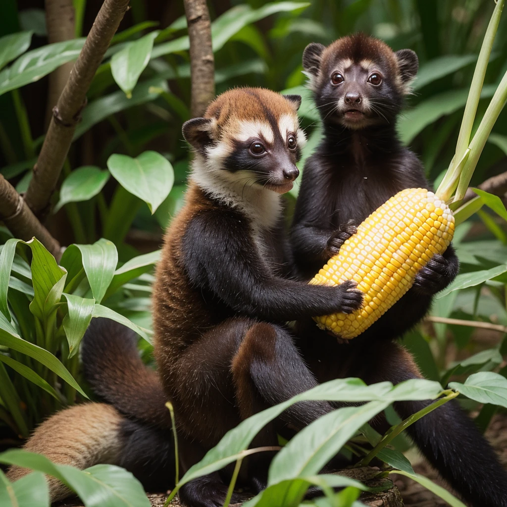 South American coati eating corn with little monkey