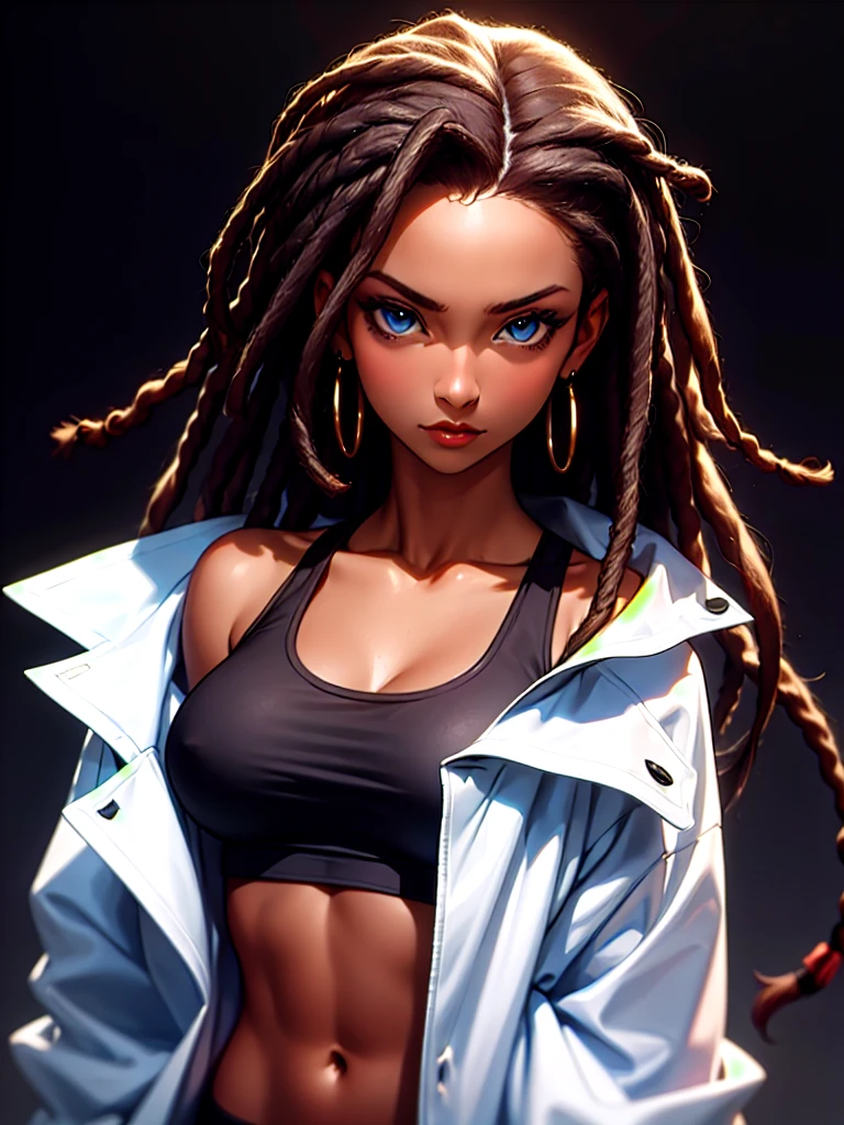((Portrait Photo)), She has an Athletic and Slender Appearance, with a Strong Build, Dark Skin and Relaxed Aura. She Expresses a Calm and Indifferent Look, Giving Off a Composed and Unfazed Attitude. She has Deep Blue Eyes, and Her Hair is Long and Black, with Dreadlocks Falling Over Her Forehead. She Wears an Open White Jacket, with a Sports Tank Top, Revealing Her Midriff. ((Portrait Photo, HDR, Dark Background))