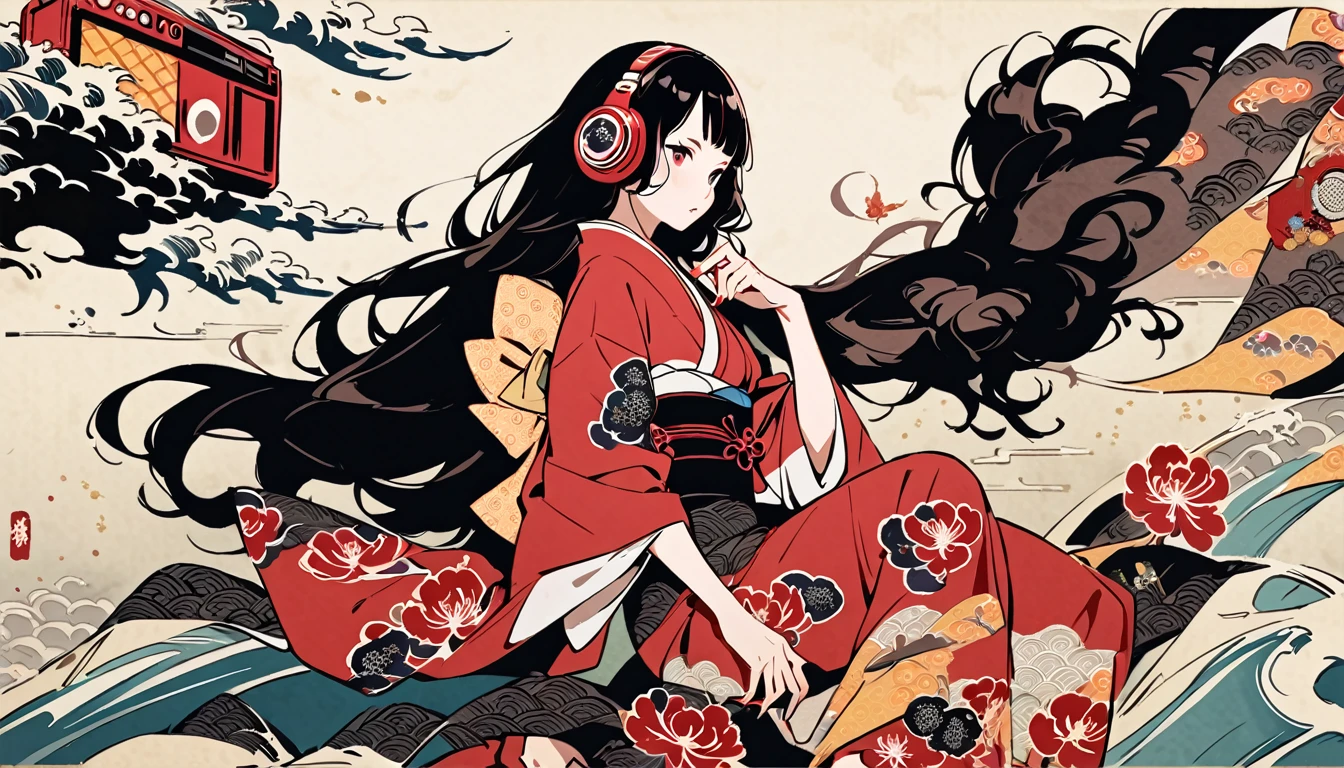 tatoo, Highest quality, Katsushika Hokusai, Ink Painting, (((longhair))), (((Pale red kimono))), (((Boombox))), Patterned headphones, Red spider lily, beautiful girl, Black Hair, Delicate and precise, Modern ukiyo-e style,