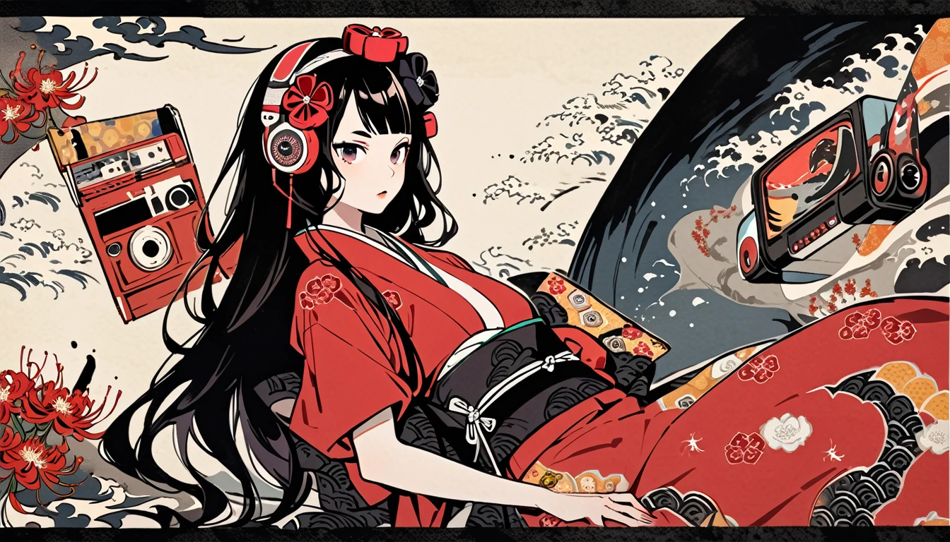 tatoo, Highest quality, Katsushika Hokusai, Ink Painting, (((longhair))), (((Pale red kimono))), (((Boombox))), Patterned headphones, Red spider lily, beautiful girl, Black Hair, Delicate and precise, Modern ukiyo-e style,