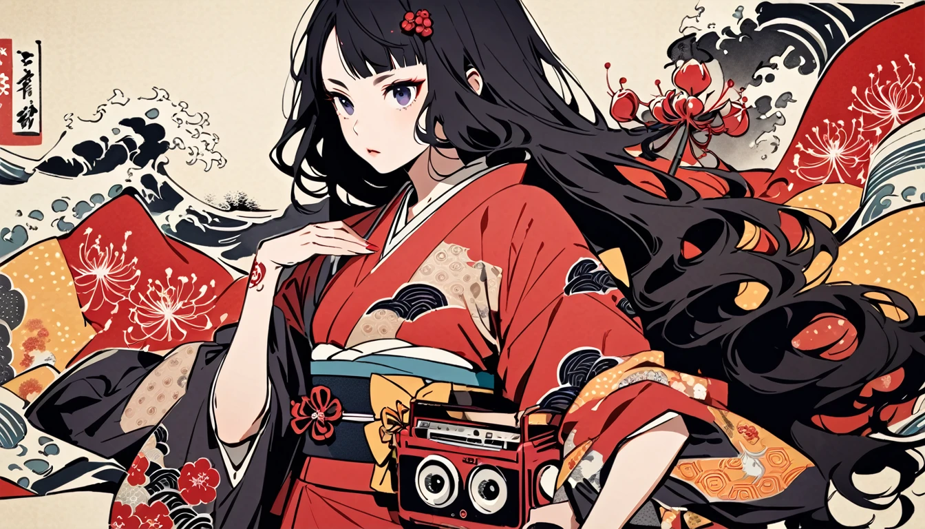 tatoo, Highest quality, Katsushika Hokusai, Ink Painting, (((longhair))), (((Pale red kimono))), (((Boombox))), Patterned headphones, Red spider lily, beautiful girl, Black Hair, Delicate and precise, Modern ukiyo-e style,