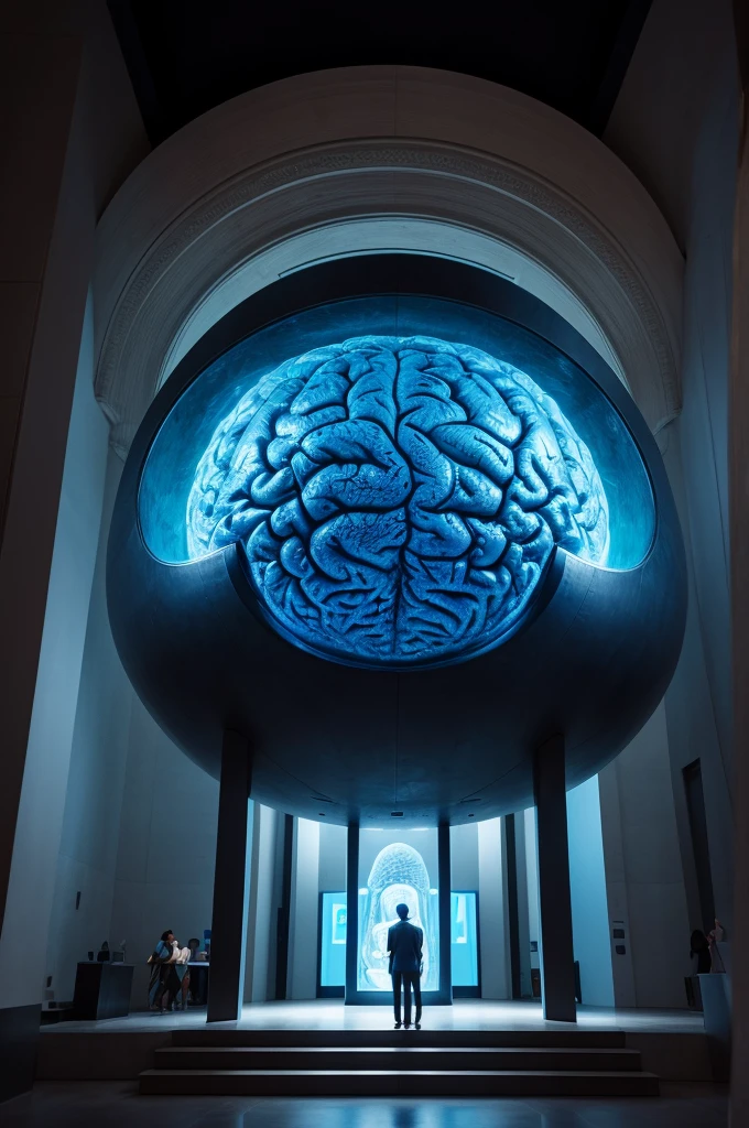 Smart museum with several illustrations and a giant brain as the main attraction (ultra realistic, detailed, detailed colors, dramatic feeling, feeling of seriousness, blue light) make the place all dark, with low lighting
