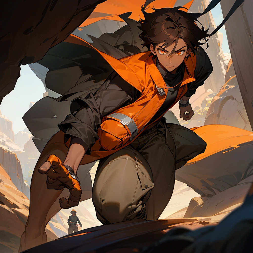 creates a 17 year old young man, dark skin color, orange eye color, dark hair color, mechanic clothing, cave landscape, that reads a mechanical key in his hand