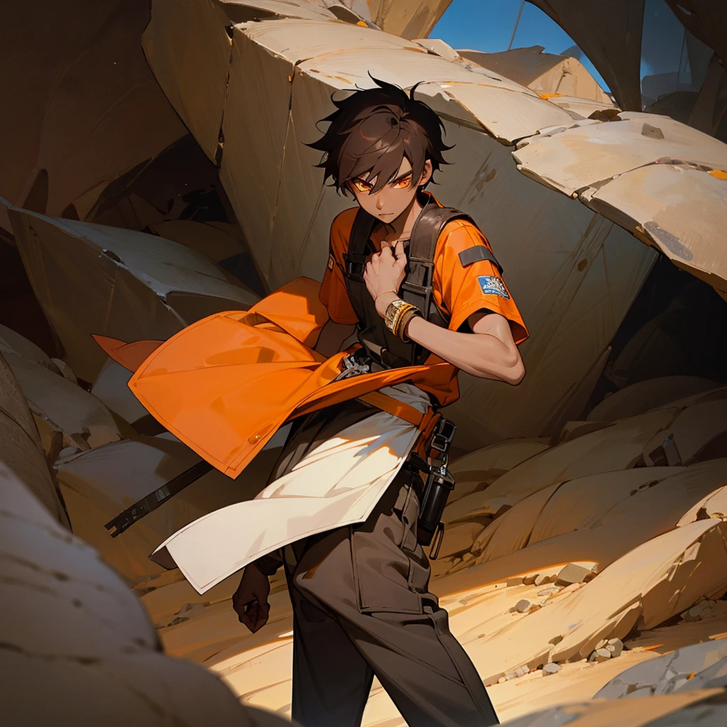 creates a 17 year old young man,  dark skin color, orange eye color, dark hair color, mechanic clothing, cave landscape, that reads a mechanical key in his hand