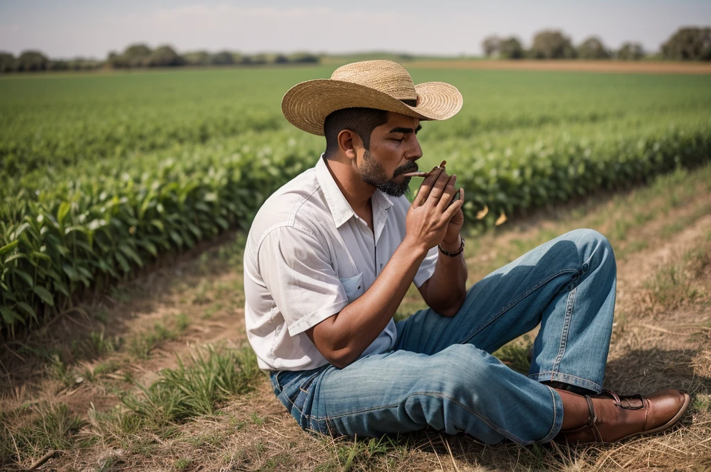 Man sitting in a field smoking a cigarette, latino, taking a smoke break, Farmer, Pray with tobacco, traditional art, Traditional photography, Rural 