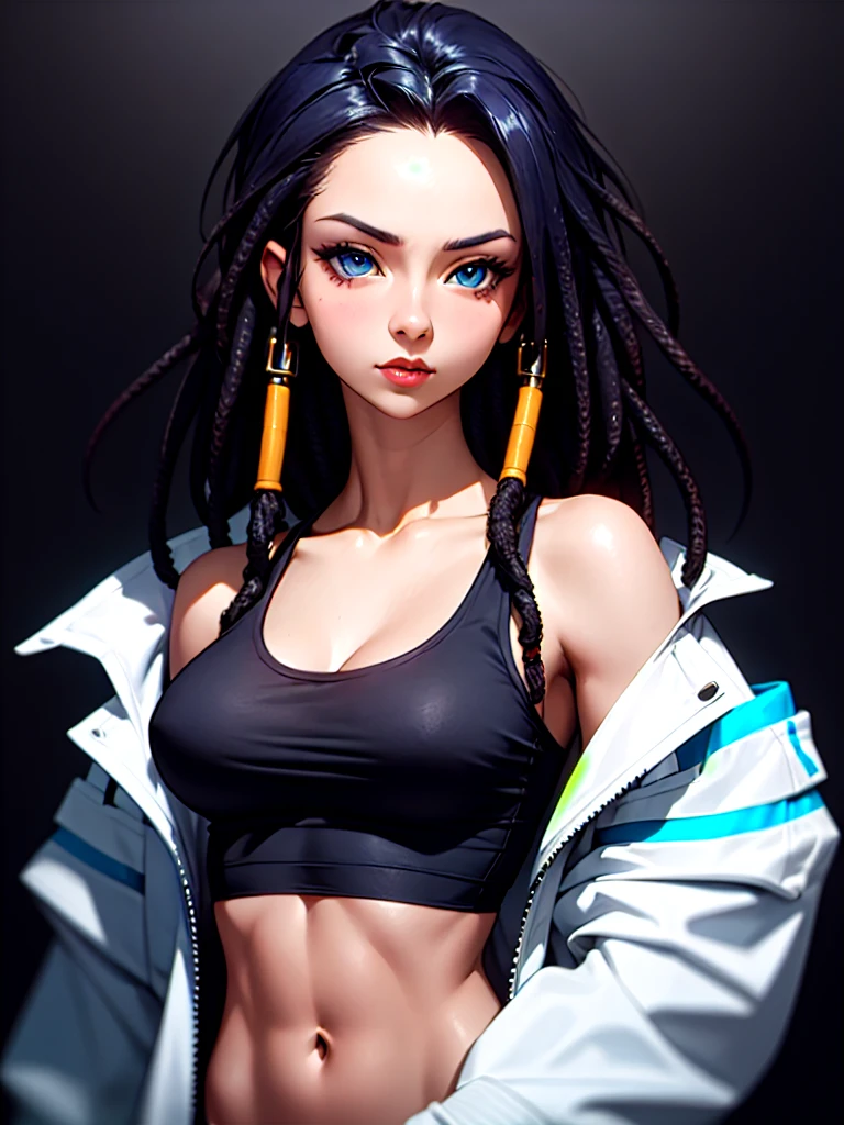 ((Portrait Photo)), She has an Athletic and Slender Appearance, with a Strong Build, Dark Skin and Relaxed Aura. She Expresses a Calm and Indifferent Look, Giving Off a Composed and Unfazed Attitude. She has Deep Blue Eyes, and Her Hair is Long and Black, with Dreadlocks Falling Over Her Forehead. She Wears an Open White Jacket, with a Sports Tank Top, Revealing Her Midriff. ((Portrait Photo, HDR, Dark Background))