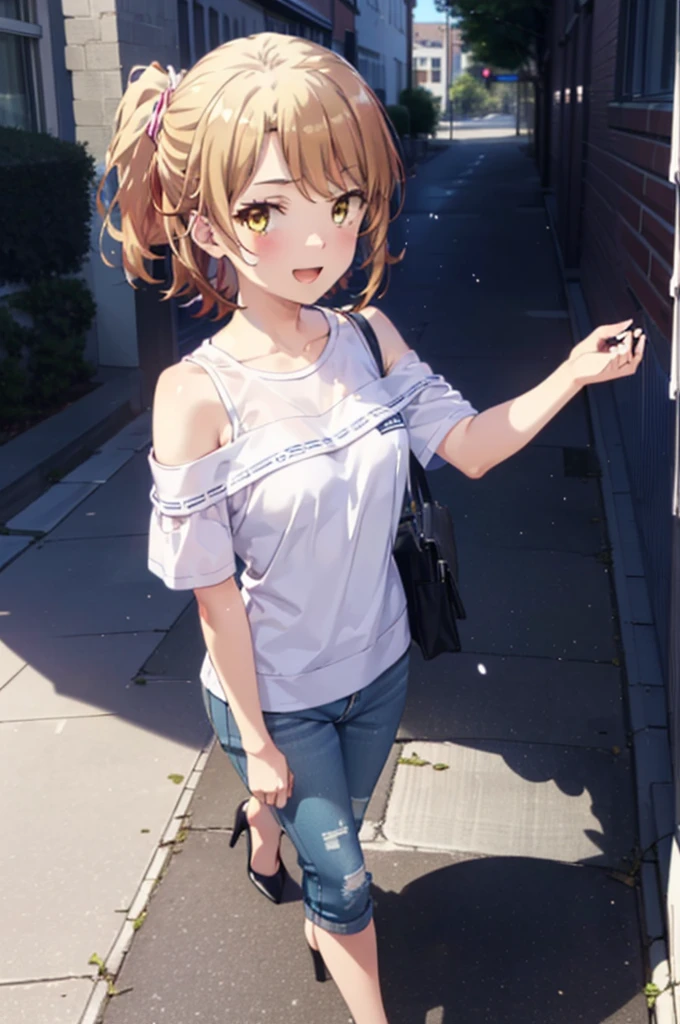 Irohaisshiki, isshiki iroha, Short Hair, Brown Hair, (Brown eyes:1.5), blush,ponytail,
happy smile, smile, Open your mouth,Cold Shoulder Shirt,Short sleeve skinny jeans,Stiletto heels,Daytime,Clear skies,Walking,whole bodyがイラストに入るように,
break outdoors, School,courtyard,
break looking at viewer,whole body,
break (masterpiece:1.2), Highest quality, High resolution, unity 8k wallpaper, (figure:0.8), (Beautiful attention to detail:1.6), Highly detailed face, Perfect lighting, Highly detailed CG, (Perfect hands, Perfect Anatomy),