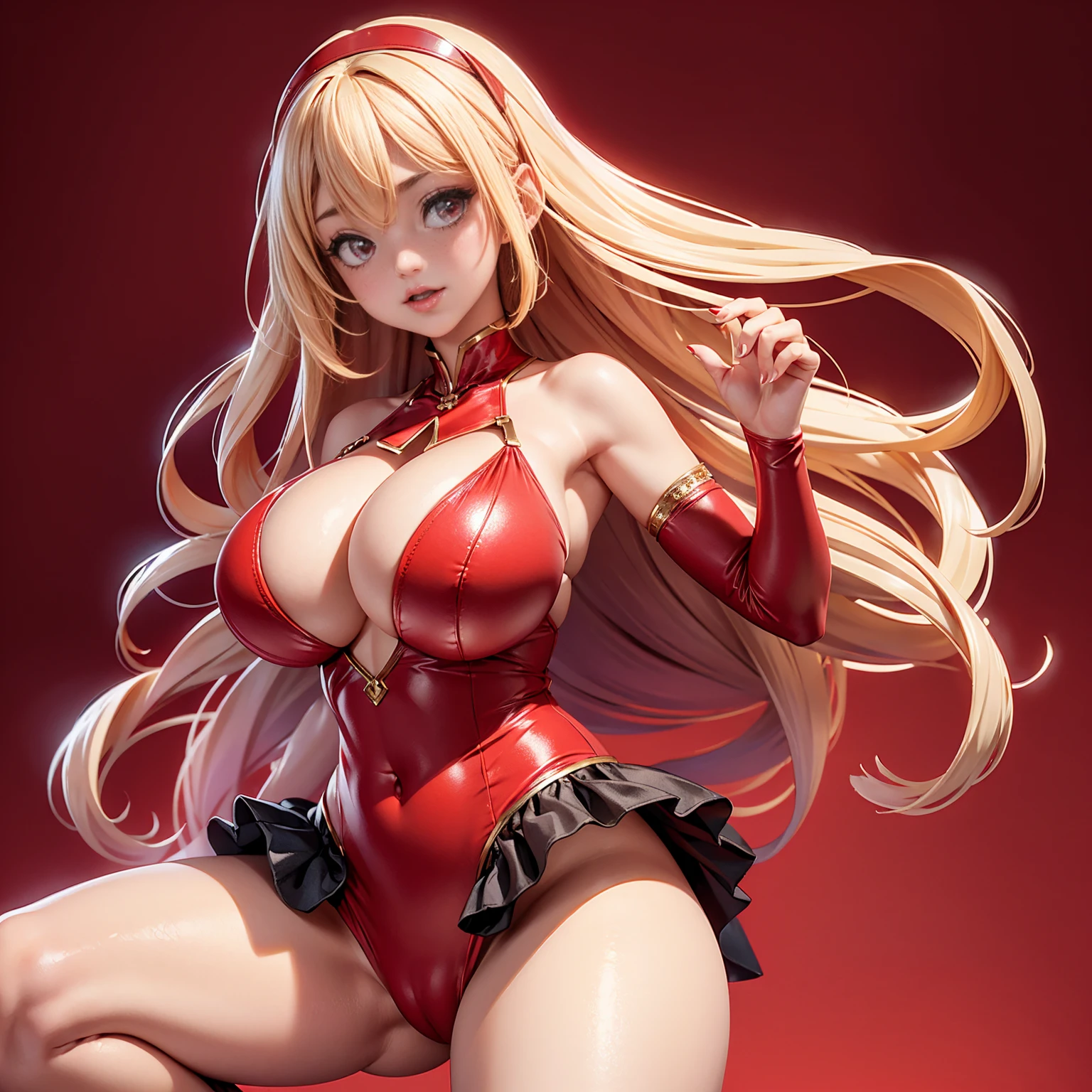 (full_body)、Woman、red_background、(big_breasts:1.5)、Detailed、POP、vivid、pose:1.2、Open chest、idol、sexy:1.5
