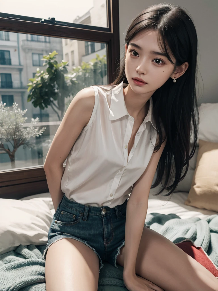 absurdres, RAW photo, extremely delicate and beautiful, masterpiece, Best Quality, ultra high resolution, 32k, hyperrealistic, ultra-detailed, perfect figure, in her 20s, very small head, very small face, delicate facial features, tearful mole, earring, big breasts, full body shot, medium hair, black hair, sleeveless collared shirt, shorts, bare legs,