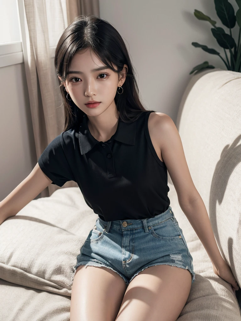 absurdres, RAW photo, extremely delicate and beautiful, masterpiece, Best Quality, ultra high resolution, 32k, hyperrealistic, ultra-detailed, perfect figure, in her 20s, very small head, very small face, delicate facial features, tearful mole, earring, big breasts, full body shot, medium hair, black hair, sleeveless collared shirt, shorts, bare legs,