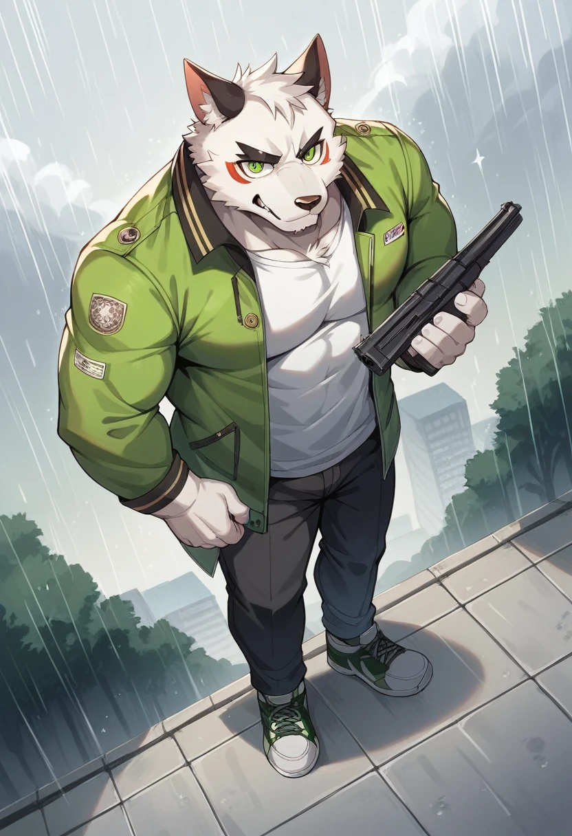 Masterpiece, Best Quality, absurd resolution, ultra detailed, perfect ???????,
monomasa, 
por canandne khai, for you.and.stars, (by DRKS:0.28), (by Pino Daeni:0.8),
furry, muscular male, lobo, well-built, Alone, green pupils, sneakers, 
Jacket, dress, dynamic angle, high angle view, Blade, holding gun, 
rain, cloudy, urban landscape, 