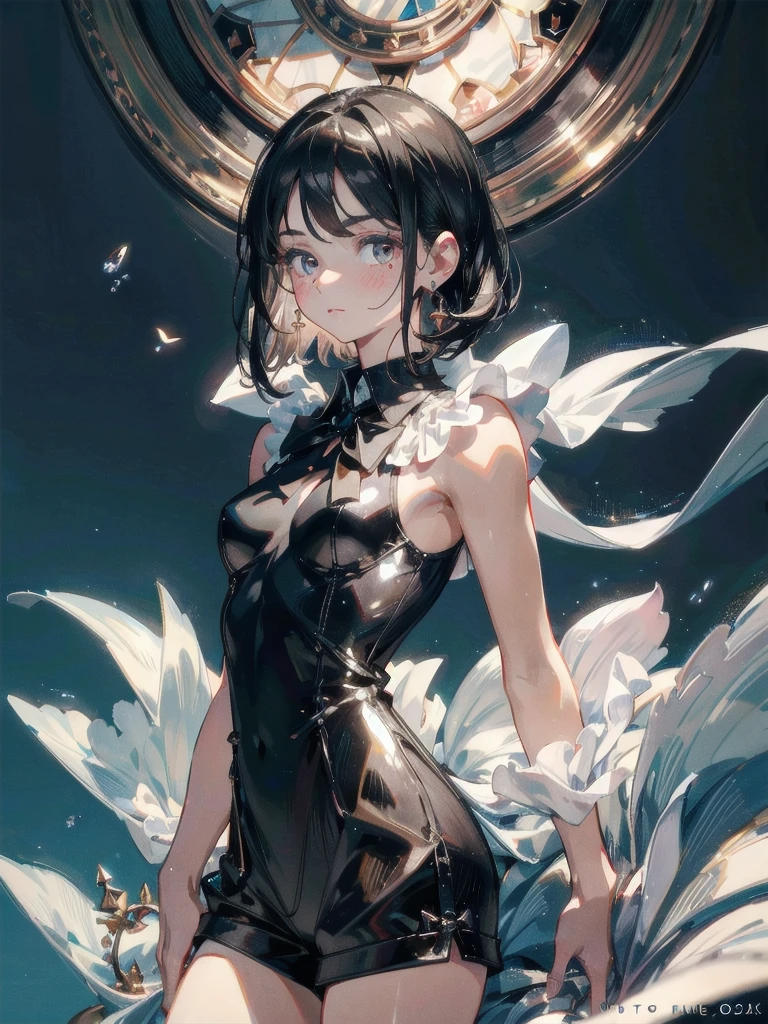 absurdres, RAW photo, extremely delicate and beautiful, masterpiece, Best Quality, ultra high resolution, 32k, hyperrealistic, ultra-detailed, perfect figure, in her 20s, very small head, very small face, delicate facial features, tearful mole, earring, big breasts, full body shot, medium hair, black hair, sleeveless collared shirt, shorts,