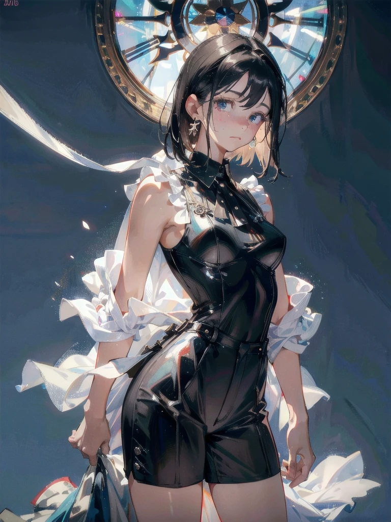 absurdres, RAW photo, extremely delicate and beautiful, masterpiece, Best Quality, ultra high resolution, 32k, hyperrealistic, ultra-detailed, perfect figure, in her 20s, very small head, very small face, delicate facial features, tearful mole, earring, big breasts, full body shot, medium hair, black hair, sleeveless collared shirt, shorts,