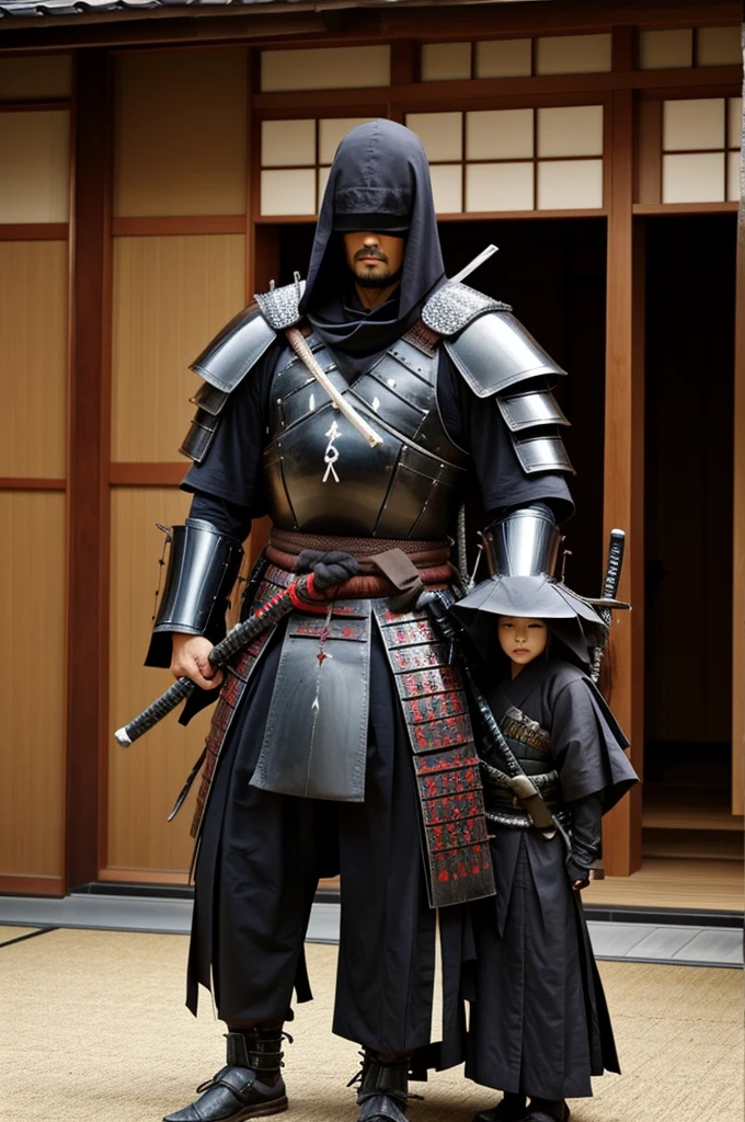 a man 6'8 tall japanese, with samurai armor (even face covered) big katana, with wife